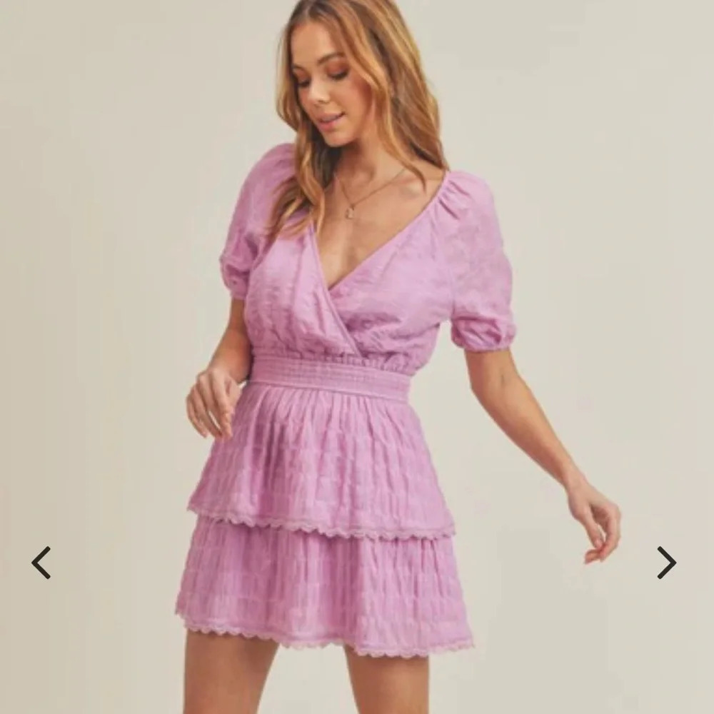 Women’s Resortwear Pink Cotton Puff Sleeve Wrap Tiered Pink Purple Mini Dress - Picture 4 of 12